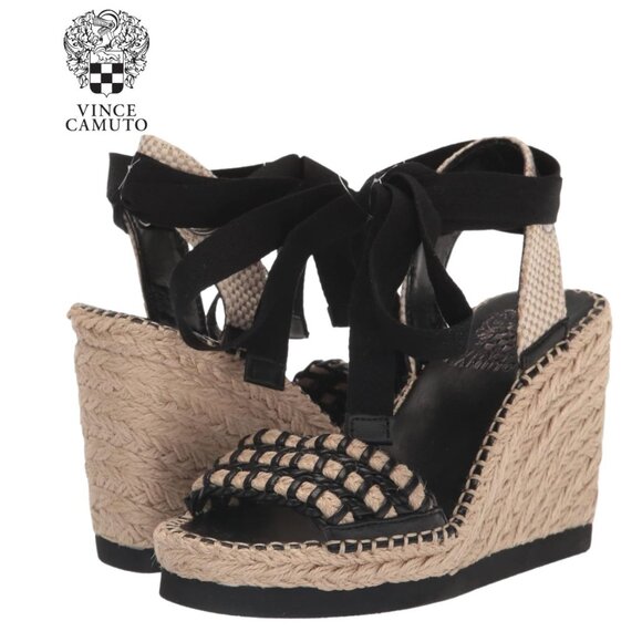 Vince Camuto Shoes - Vince Camuto Brisshel Leather Espadrille Wedge Sandal | Black & Natual | Sz 6.5